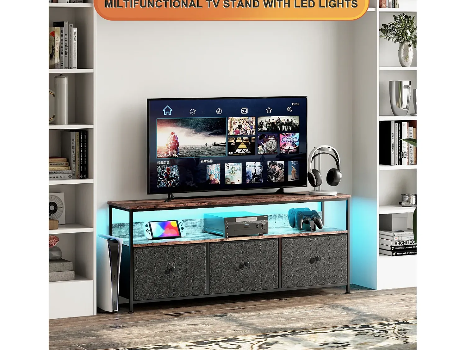 Móvel De Tv| Suporte para TV de 137 x 30 x 57 cm, com iluminação LED e gavetas, com espaço de armazenamento, . Preto