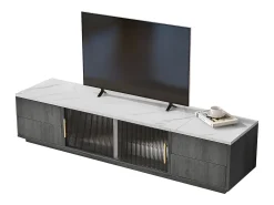Móvel De Tv|Merax Suporte para TV de 160 x 40 x 38,5 cm para TVs de 70 polegadas - tampo cinza com efeito mármore - 4 gavetas e 2 portas de vidro deslizantes - cinza Cinzento