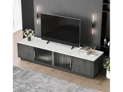 Móvel De Tv|Merax Suporte para TV de 160 x 40 x 38,5 cm para TVs de 70 polegadas - tampo cinza com efeito mármore - 4 gavetas e 2 portas de vidro deslizantes - cinza Cinzento