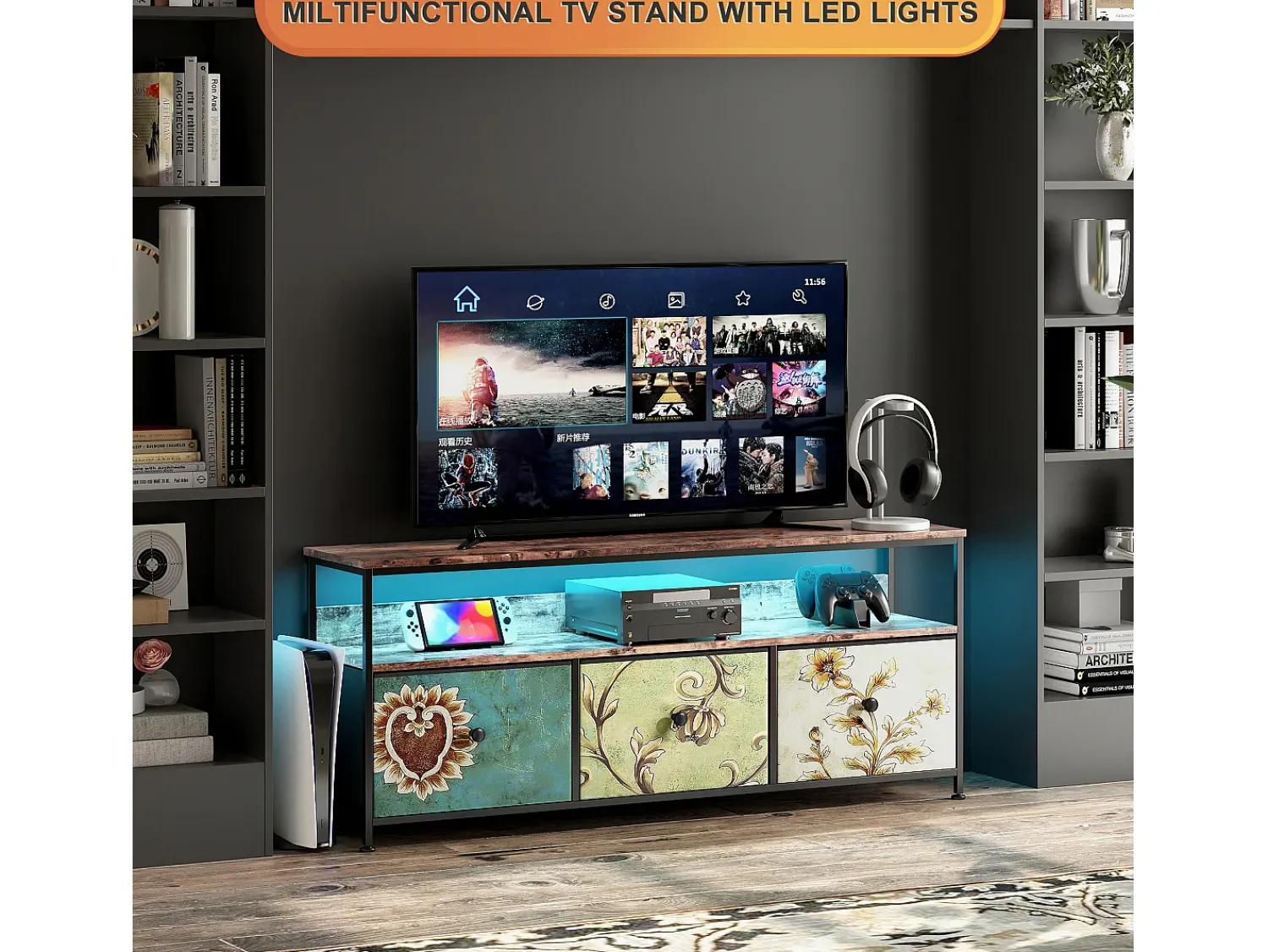 Móvel De Tv| Suporte para TV de 108 x 30 x 57 cm, com iluminação LED e gavetas, com espaço de armazenamento, multicolorido. Multicor