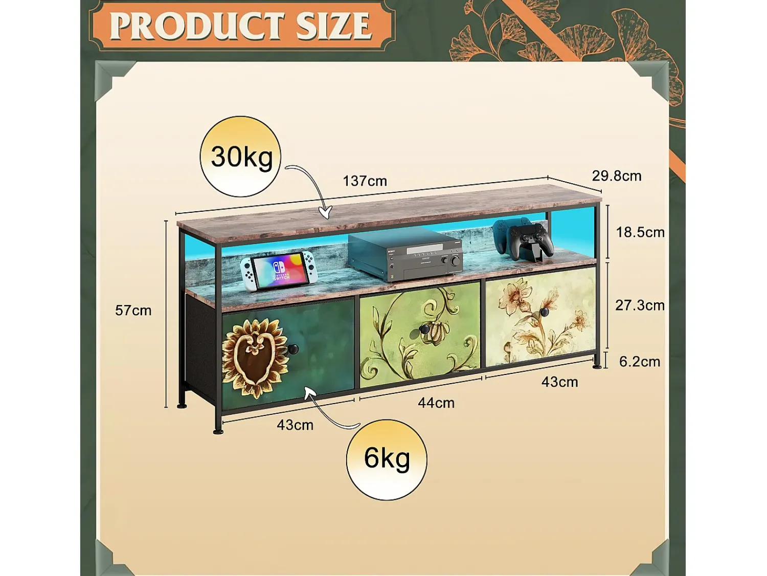 Suporte para TV de 137 x 30 x 57 cm, com iluminação LED e gavetas, com espaço de armazenamento, multicolorido. Multicor