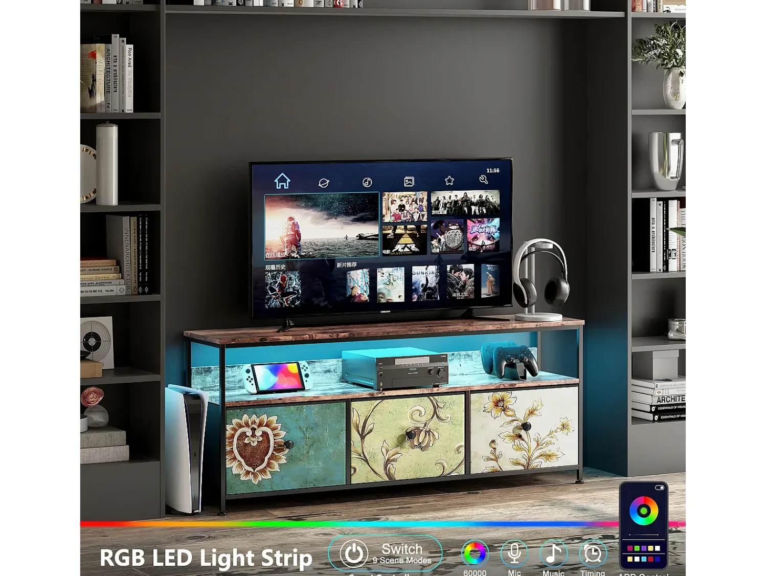 Suporte para TV de 137 x 30 x 57 cm, com iluminação LED e gavetas, com espaço de armazenamento, multicolorido. Multicor