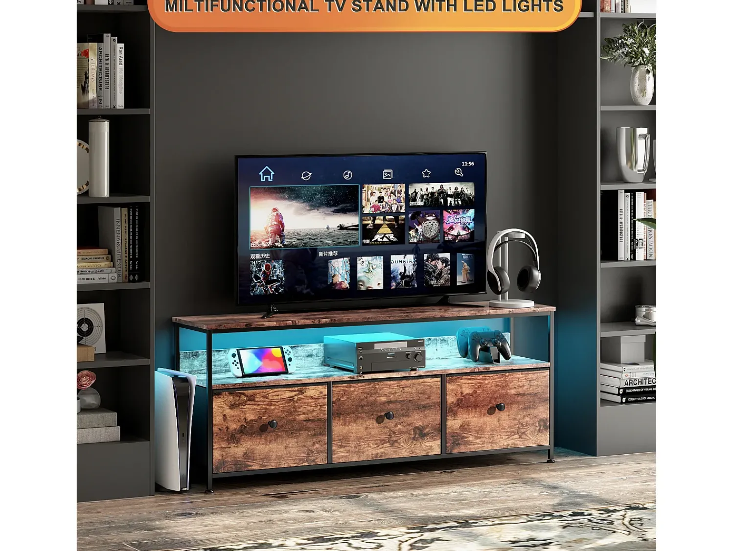 Móvel De Tv* Suporte para TV de 108 x 30 x 57 cm, com iluminação LED e gavetas, com espaço de armazenamento, em madeira. Natural claro