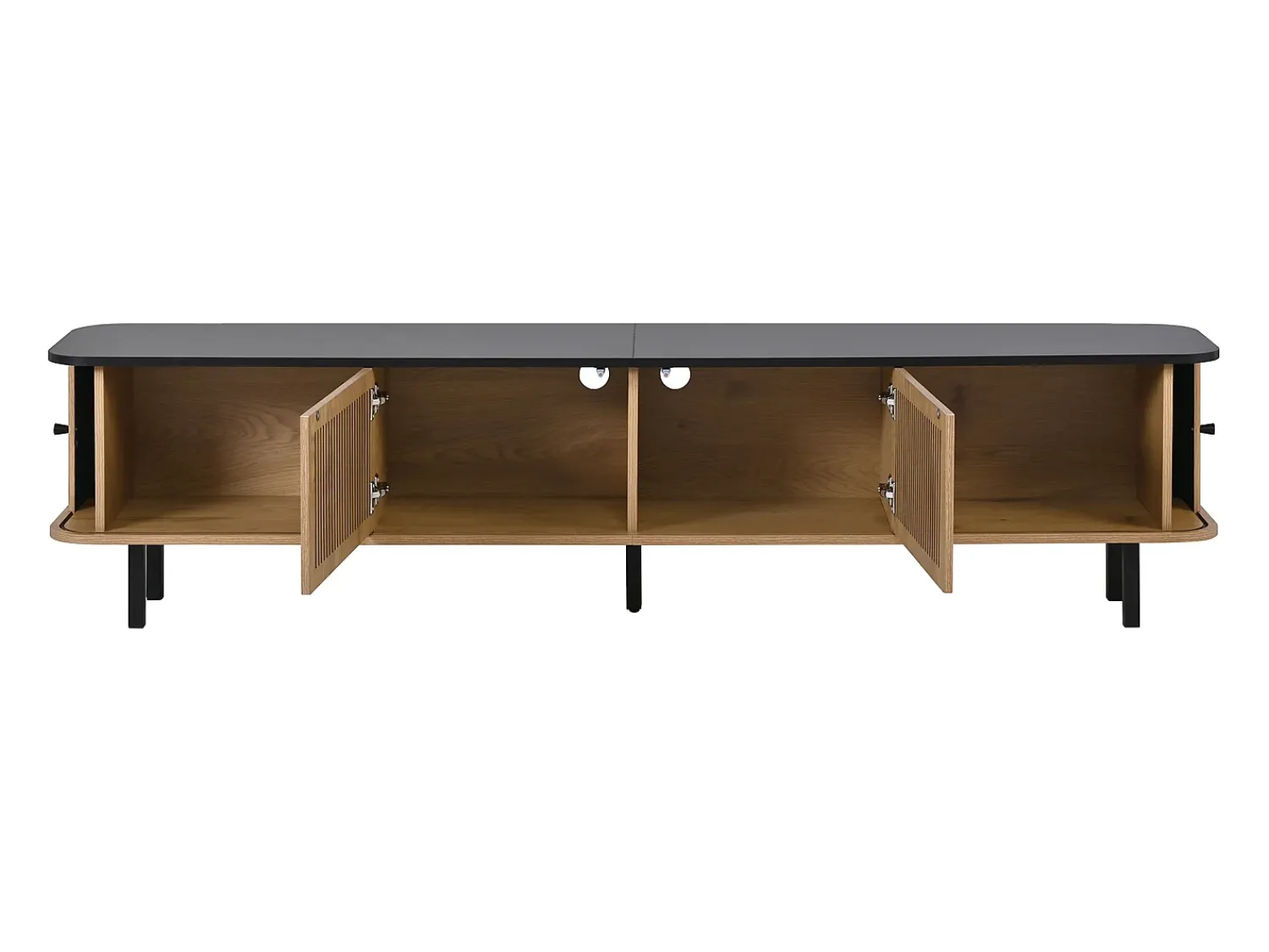 Hauss Spole Suporte para TV de 190x35x45 cm com 2 portas de correr e 2 portas de tela metálica - Cor: Madeira e preto^ Móvel De Tv