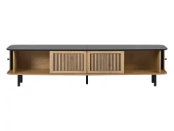 Hauss Spole Suporte para TV de 190x35x45 cm com 2 portas de correr e 2 portas de tela metálica - Cor: Madeira e preto^ Móvel De Tv