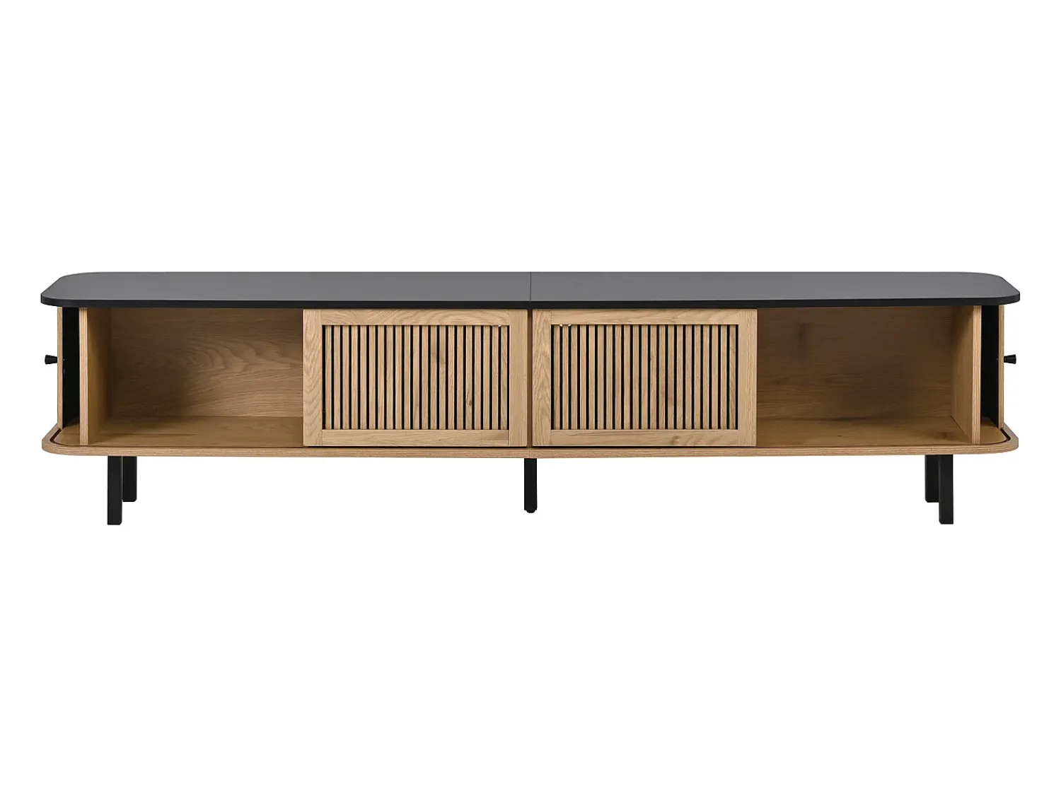 Hauss Spole Suporte para TV de 190x35x45 cm com 2 portas de correr e 2 portas de tela metálica - Cor: Madeira e preto^ Móvel De Tv