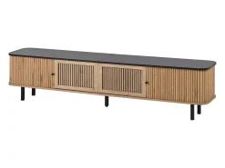 Hauss Spole Suporte para TV de 190x35x45 cm com 2 portas de correr e 2 portas de tela metálica - Cor: Madeira e preto^ Móvel De Tv
