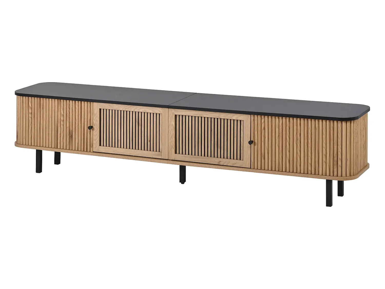 Hauss Spole Suporte para TV de 190x35x45 cm com 2 portas de correr e 2 portas de tela metálica - Cor: Madeira e preto^ Móvel De Tv