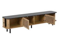 Hauss Spole Suporte para TV de 190x35x45 cm com 2 portas de correr e 2 portas de tela metálica - Cor: Madeira e preto^ Móvel De Tv