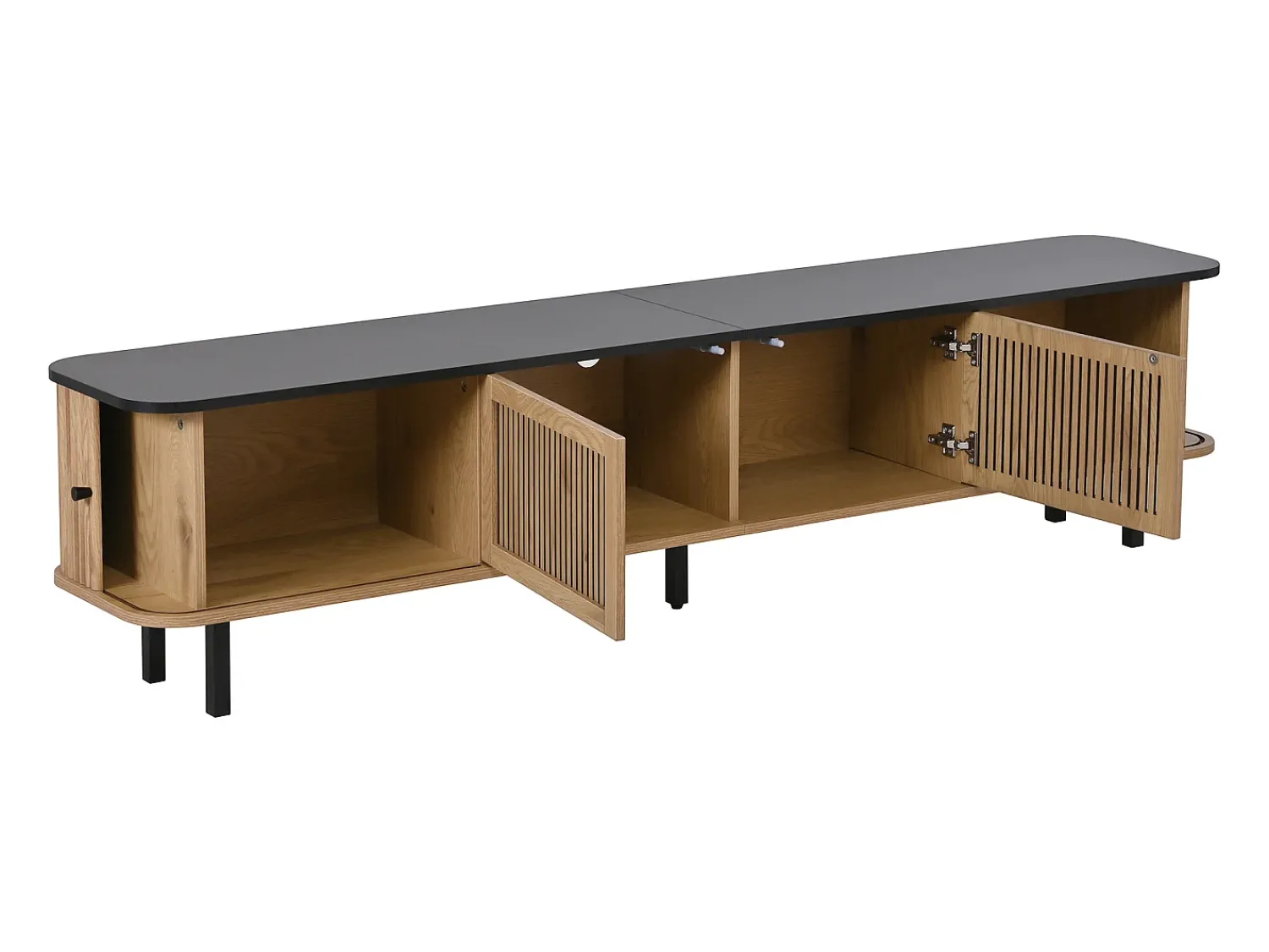 Hauss Spole Suporte para TV de 190x35x45 cm com 2 portas de correr e 2 portas de tela metálica - Cor: Madeira e preto^ Móvel De Tv