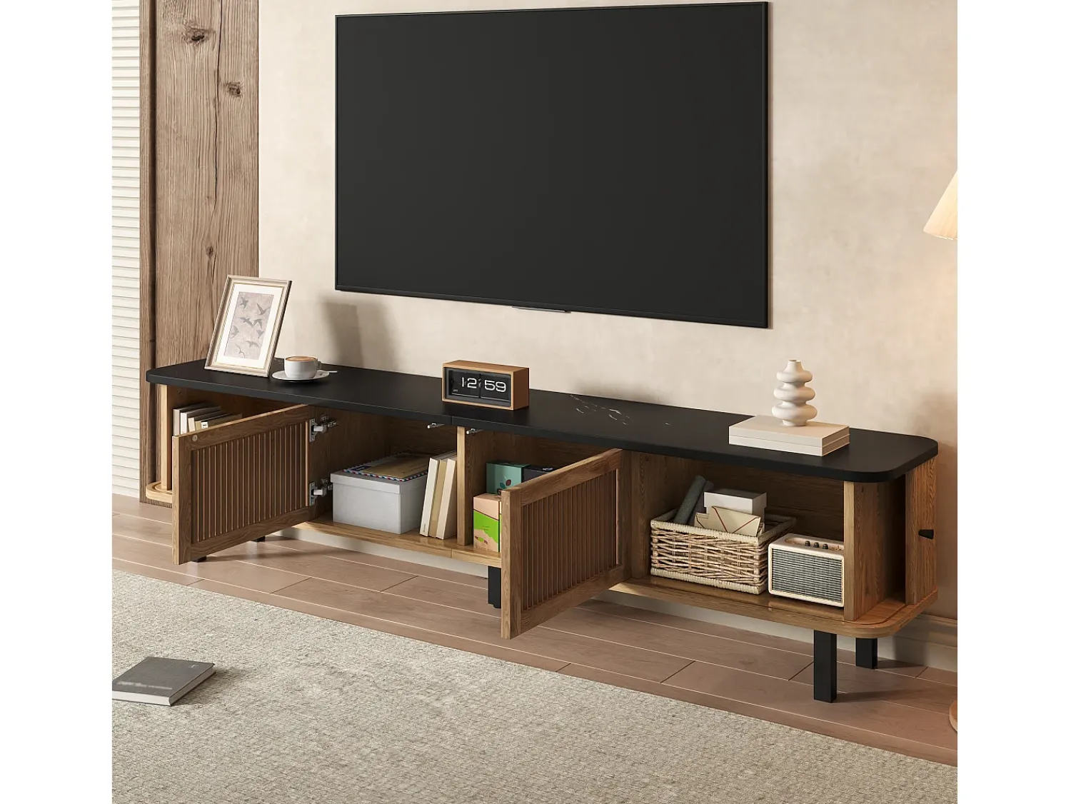Hauss Spole Suporte para TV de 190x35x45 cm com 2 portas de correr e 2 portas de tela metálica - Cor: Madeira e preto^ Móvel De Tv