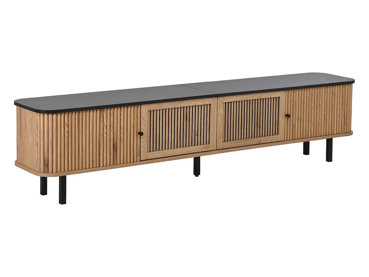 Hauss Spole Suporte para TV de 190x35x45 cm com 2 portas de correr e 2 portas de tela metálica - Cor: Madeira e preto^ Móvel De Tv