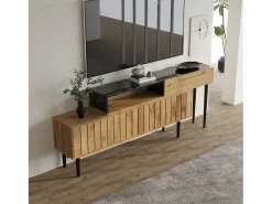 Suporte para TV em madeira e preto - Suporte para TV com 2 portas retráteis e pés em ferro - Arrumação aberta^ Móvel De Tv