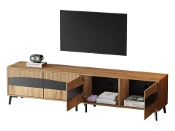 Móvel De Tv* Suporte para TV em madeira e preto - Suporte para TV com 4 portas e 8 pés - compatível com TVs até 75 polegadas Natural claro