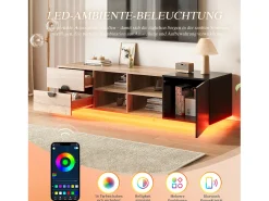 Sale Merax Suporte para TV em madeira contrastante e preto - 180 x 38,5 x 47 cm - com 2 gavetas + porta + prateleira + LEDs - madeira - natural + preto Natural claro