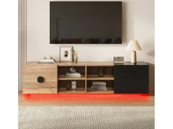 Sale Merax Suporte para TV em madeira contrastante e preto - 180 x 38,5 x 47 cm - com 2 gavetas + porta + prateleira + LEDs - madeira - natural + preto Natural claro