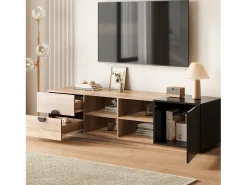 Sale Merax Suporte para TV em madeira contrastante e preto - 180 x 38,5 x 47 cm - com 2 gavetas + porta + prateleira + LEDs - madeira - natural + preto Natural claro