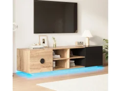 Sale Merax Suporte para TV em madeira contrastante e preto - 180 x 38,5 x 47 cm - com 2 gavetas + porta + prateleira + LEDs - madeira - natural + preto Natural claro