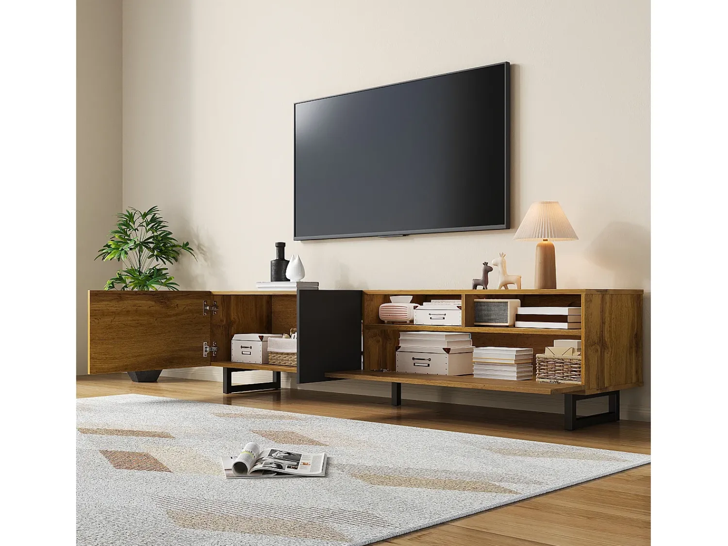 Suporte para TV em madeira - Suporte para TV de três portas com pés em metal em U - Arrumação aberta - para sala de estar Natural claro