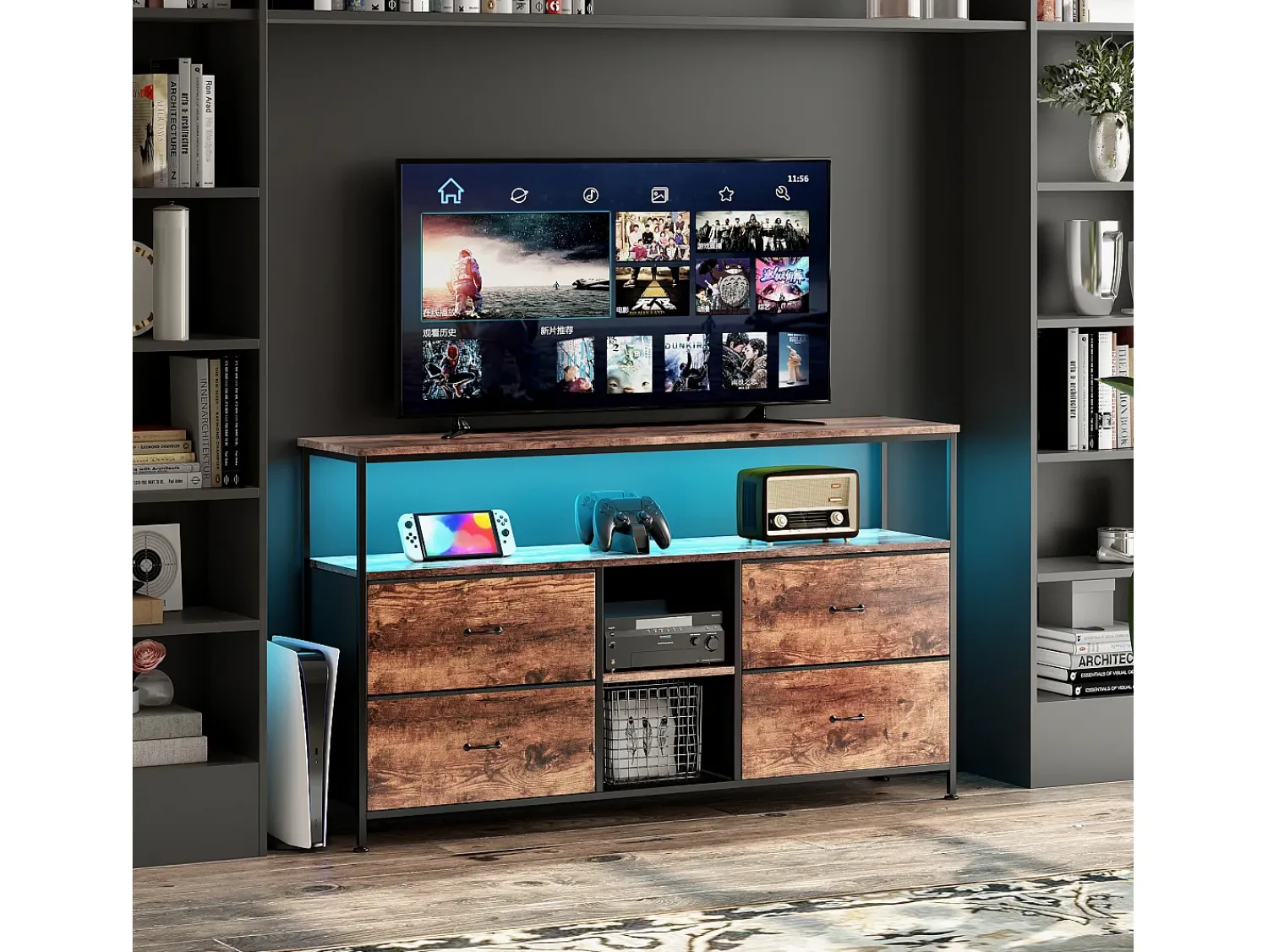 Suporte para TV LED baixo, 108 x 30 x 77 cm, estrutura sólida em metal e madeira, suporte para TV, mesa para TV, madeira^ Móvel De Tv