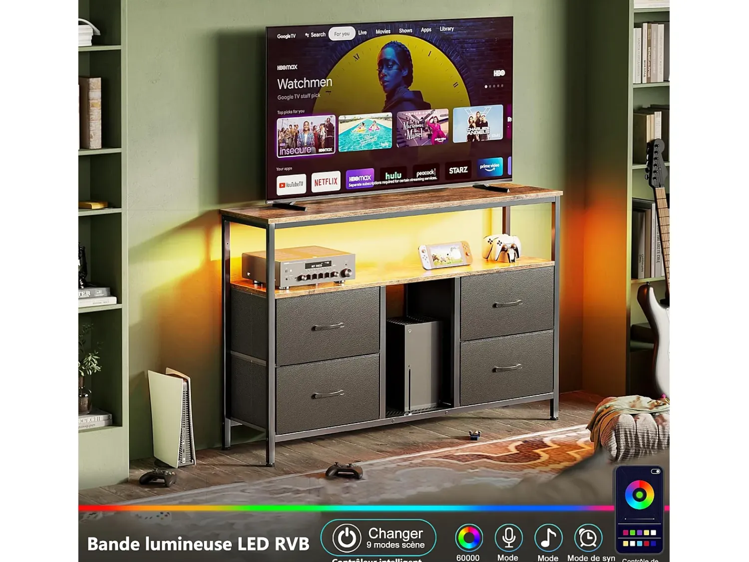 Móvel De Tv* Suporte para TV LED baixo, 108 x 30 x 77 cm, estrutura sólida em metal e madeira, móvel para TV, mesa para TV, Preto