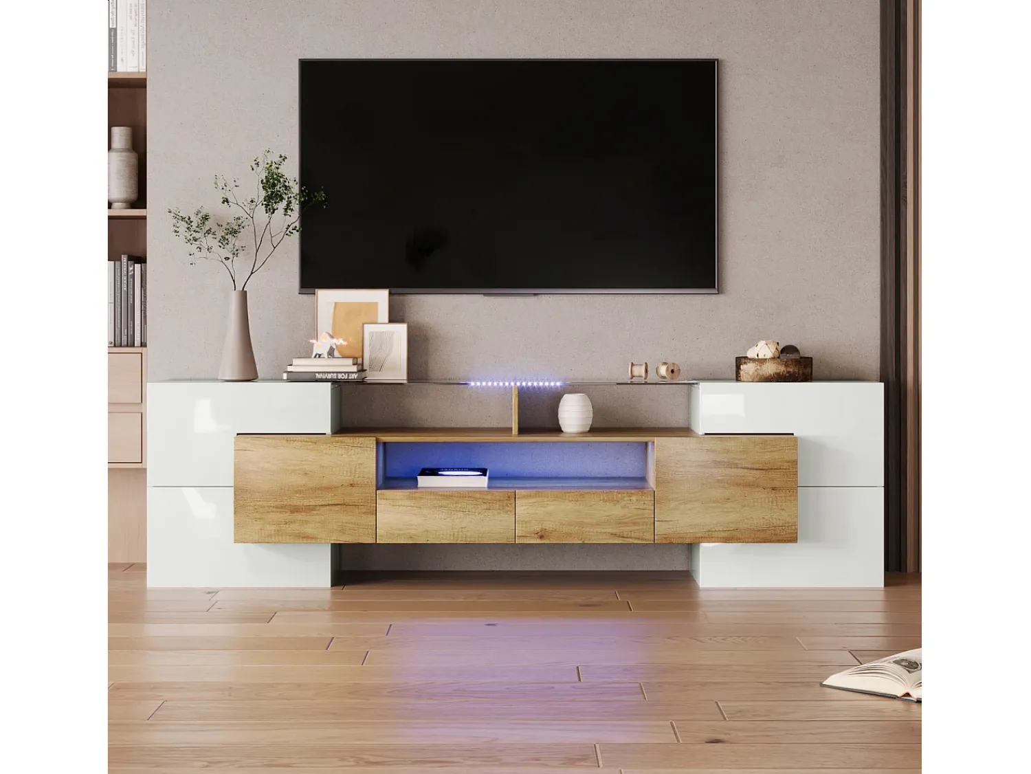 New Suporte para TV LED, Móvel Alto para TV para Sala de Estar, com Espaço de Armazenamento, 200 x 30 x 60 cm, e Madeira Branco