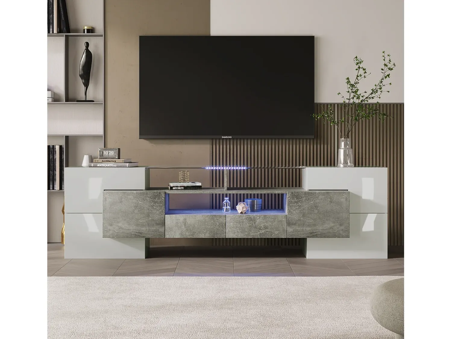 Outlet Suporte para TV LED, Móvel Alto para TV para Sala de Estar, com Espaço de Armazenamento, 200 x 30 x 60 cm, Branco e Cinza Cinzento