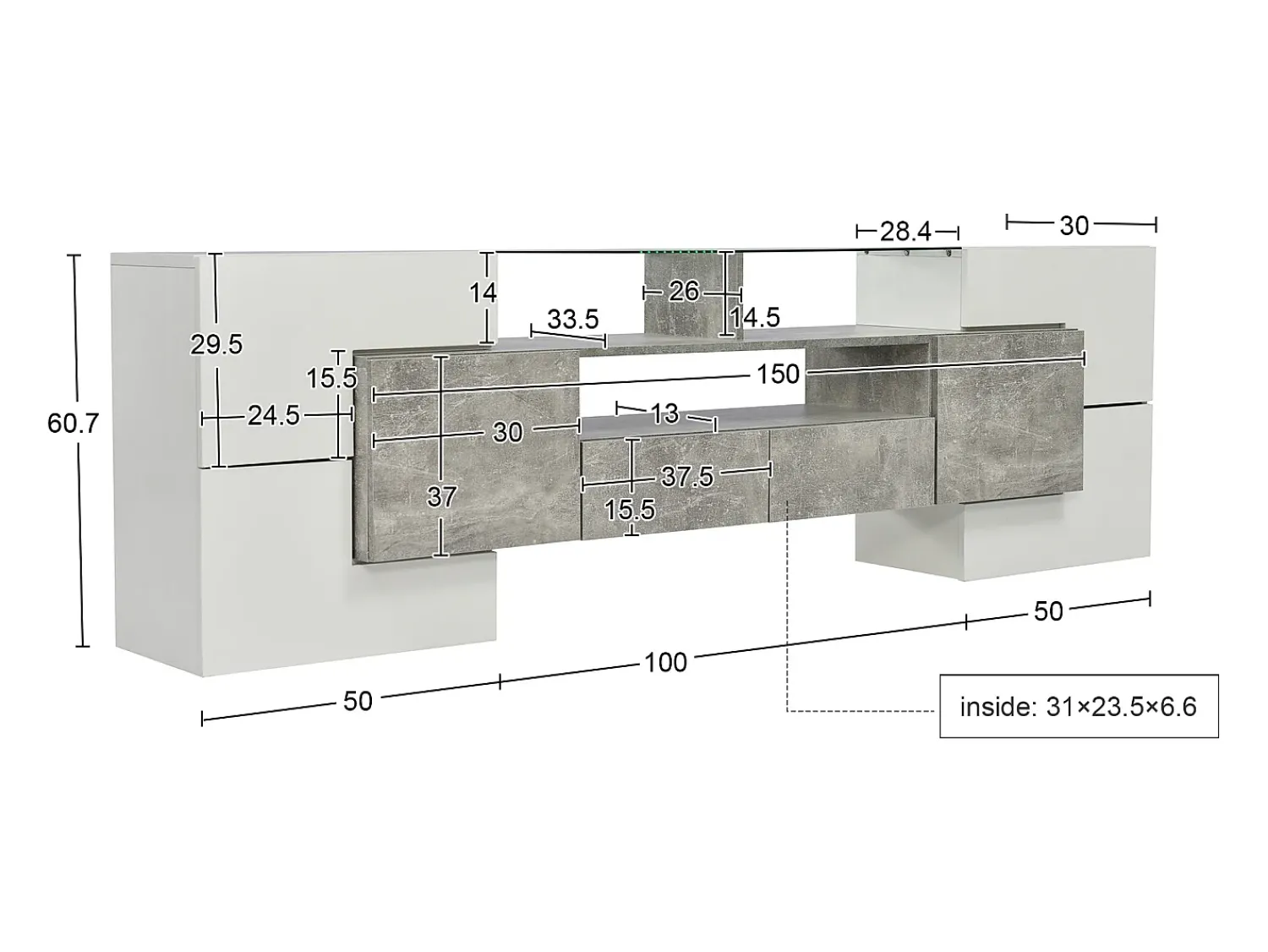 Outlet Suporte para TV LED, Móvel Alto para TV para Sala de Estar, com Espaço de Armazenamento, 200 x 30 x 60 cm, Branco e Cinza Cinzento