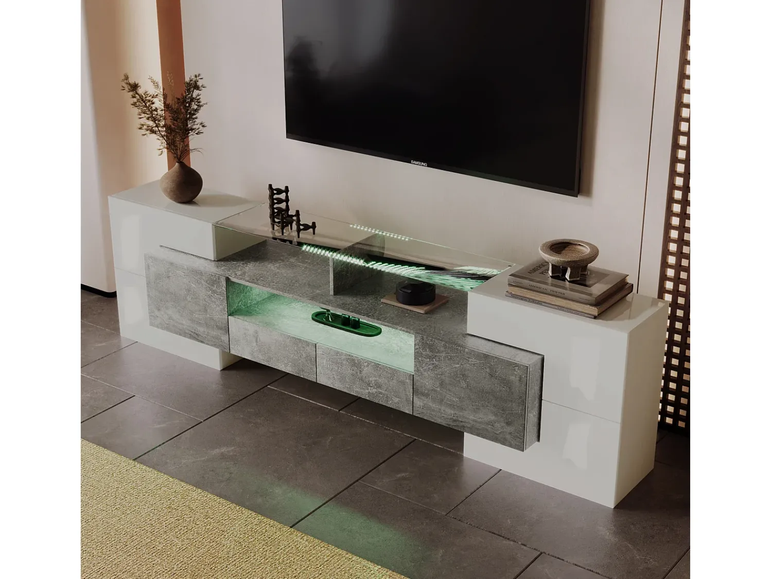 Outlet Suporte para TV LED, Móvel Alto para TV para Sala de Estar, com Espaço de Armazenamento, 200 x 30 x 60 cm, Branco e Cinza Cinzento