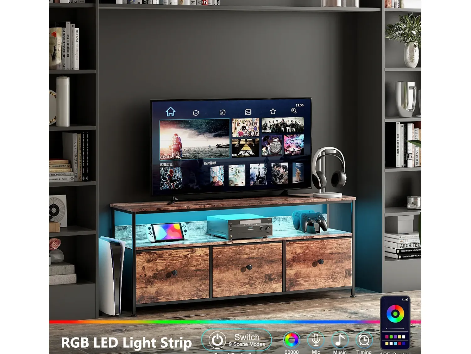 Best Suporte para TV LED RGB – 3 gavetas vintage, estrutura de metal, prateleira ajustável, 137x30x57 cm Multicor
