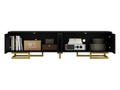 Móvel De Tv| Suporte para TV - Suporte para TV de 4 portas com puxadores dourados - para sala de estar Preto