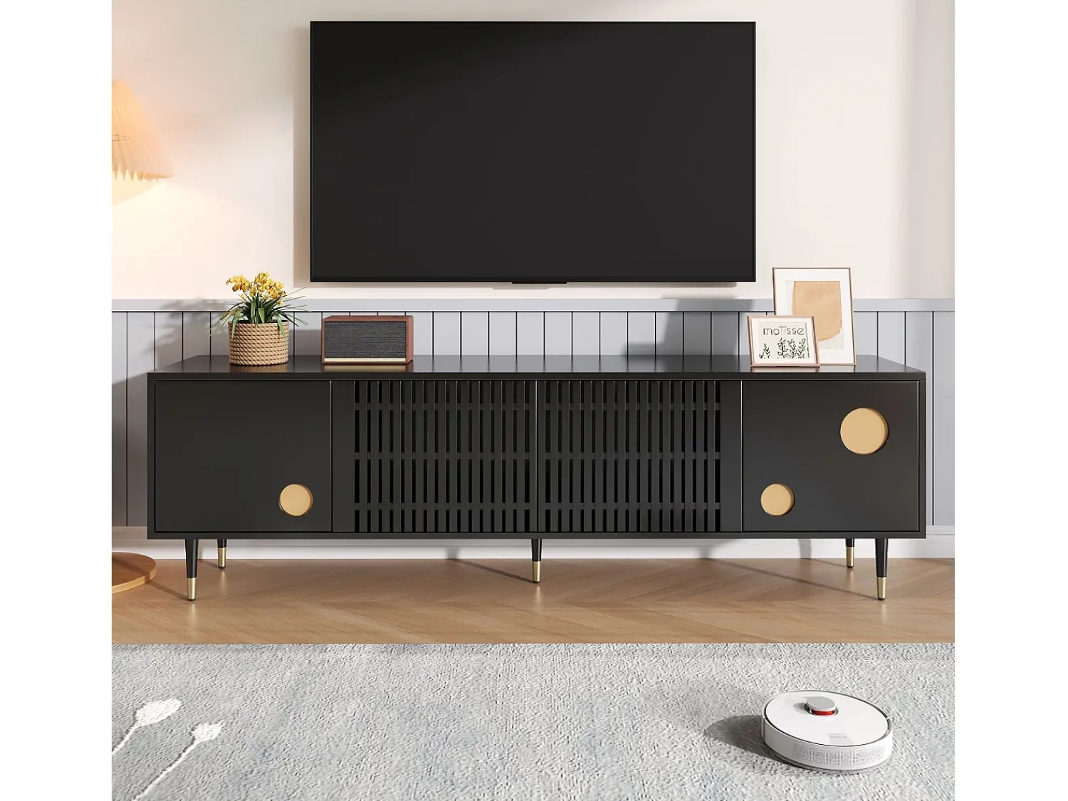 Sale Suporte para TV - Suporte para TV com 4 portas com estrutura em treliça - detalhes dourados e pés ajustáveis Preto