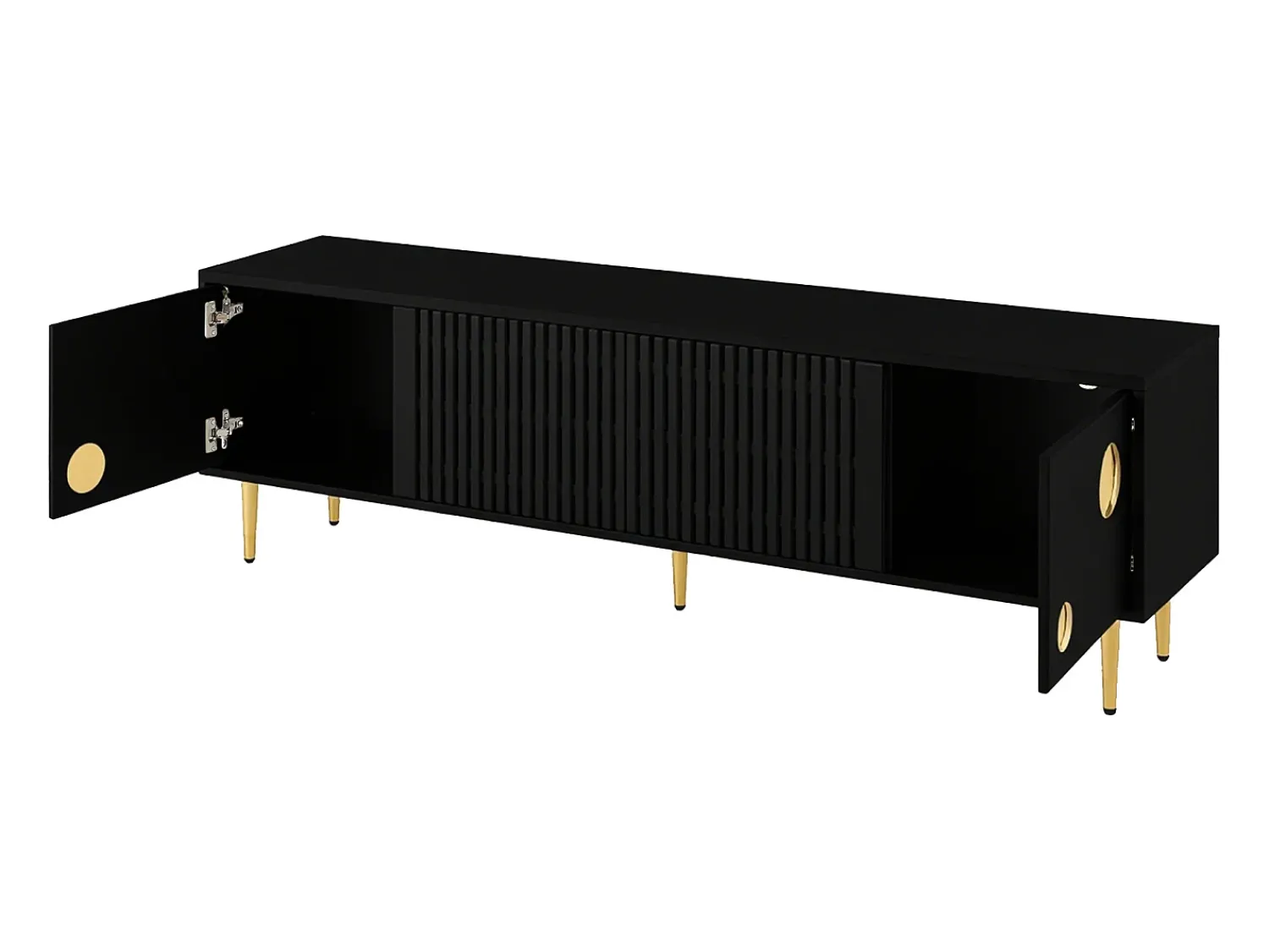 Sale Suporte para TV - Suporte para TV com 4 portas com estrutura em treliça - detalhes dourados e pés ajustáveis Preto