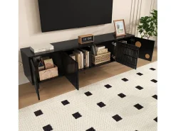 Sale Suporte para TV - Suporte para TV com 4 portas com estrutura em treliça - detalhes dourados e pés ajustáveis Preto