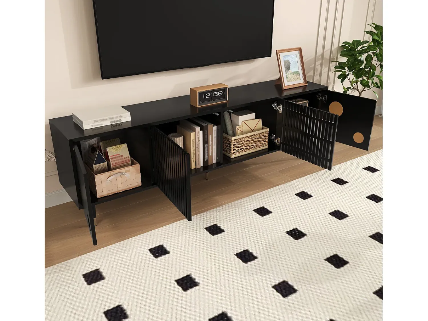 Sale Suporte para TV - Suporte para TV com 4 portas com estrutura em treliça - detalhes dourados e pés ajustáveis Preto