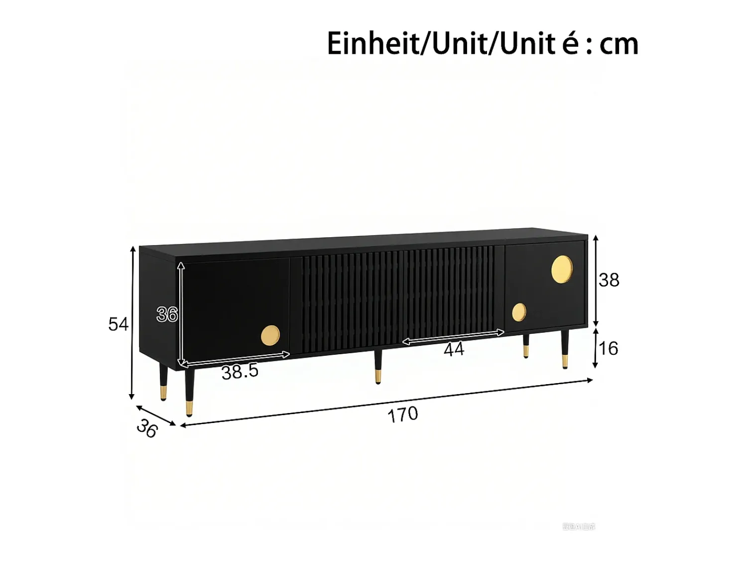 Sale Suporte para TV - Suporte para TV com 4 portas com estrutura em treliça - detalhes dourados e pés ajustáveis Preto