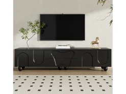 Móvel De Tv* Suporte para TV - Suporte para TV com 2 gavetas e 2 portas - Pés redondos em madeira maciça Preto