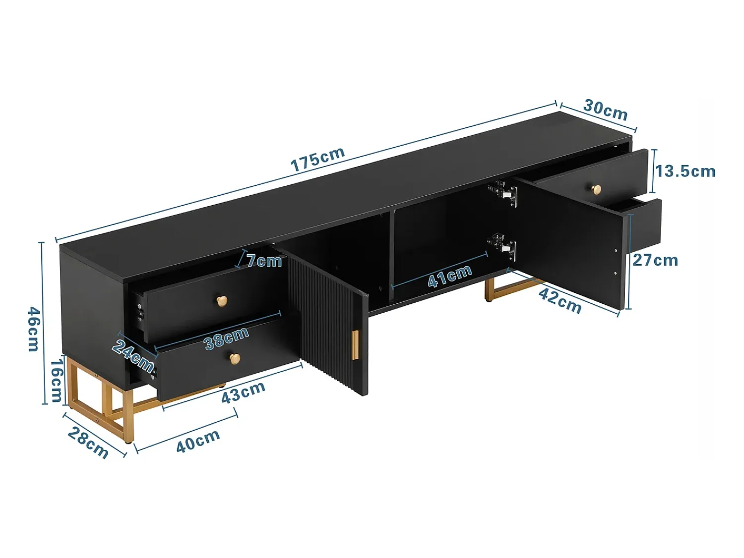 Suporte para TV - Suporte para TV para sala de estar com 2 portas texturadas e 4 gavetas - puxadores e pés dourados^ Móvel De Tv