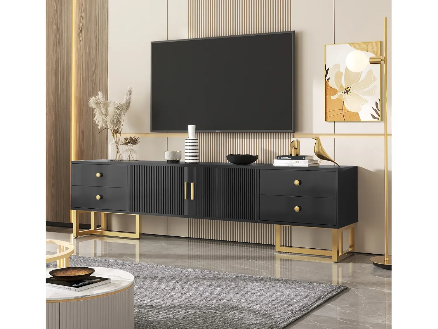 Suporte para TV - Suporte para TV para sala de estar com 2 portas texturadas e 4 gavetas - puxadores e pés dourados^ Móvel De Tv