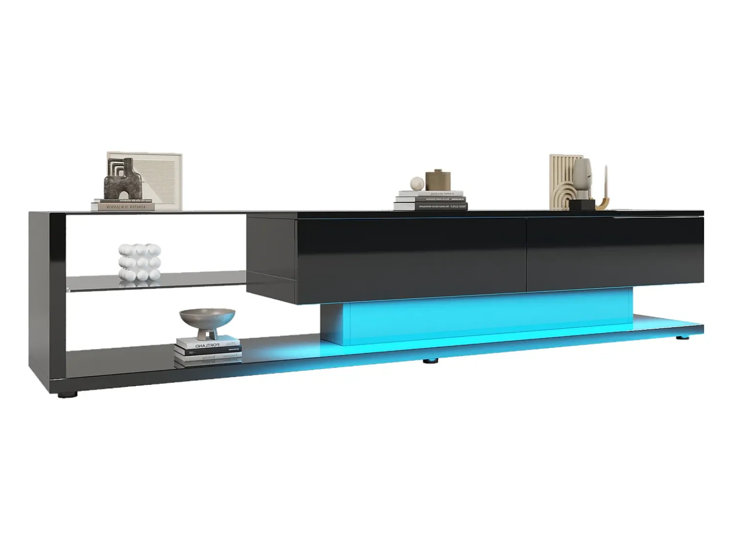 Suporte para TV - Suporte para TV para sala de estar com iluminação LED ajustável - 2 gavetas e espaço de arrumação aberto^ Móvel De Tv