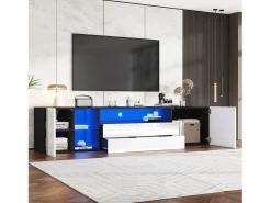 Móvel De Tv| Suporte para TV preto e com iluminação LED - Suporte para TV com 2 gavetas e 2 portas - 3 compartimentos de arrumação abertos Branco