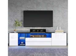 Móvel De Tv| Suporte para TV preto e com iluminação LED - Suporte para TV com 2 gavetas e 2 portas - 3 compartimentos de arrumação abertos Branco