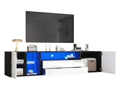 Móvel De Tv| Suporte para TV preto e com iluminação LED - Suporte para TV com 2 gavetas e 2 portas - 3 compartimentos de arrumação abertos Branco