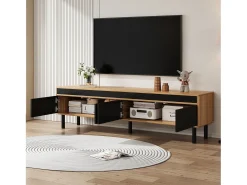 Best Suporte para TV e madeira - Suporte para TV de 4 portas com pés em madeira - para sala de estar Preto