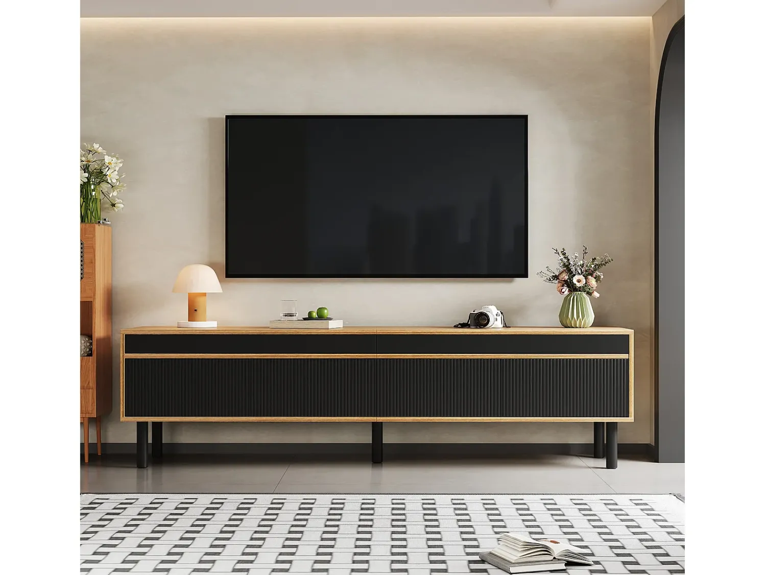 Best Suporte para TV e madeira - Suporte para TV de 4 portas com pés em madeira - para sala de estar Preto