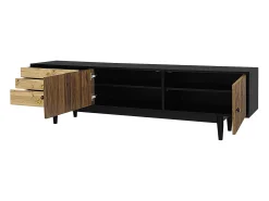 Móvel De Tv| Suporte para TV preto e madeira - Suporte para TV com 2 portas e 3 gavetas - Puxadores dourados e padrão ondulado Natural claro