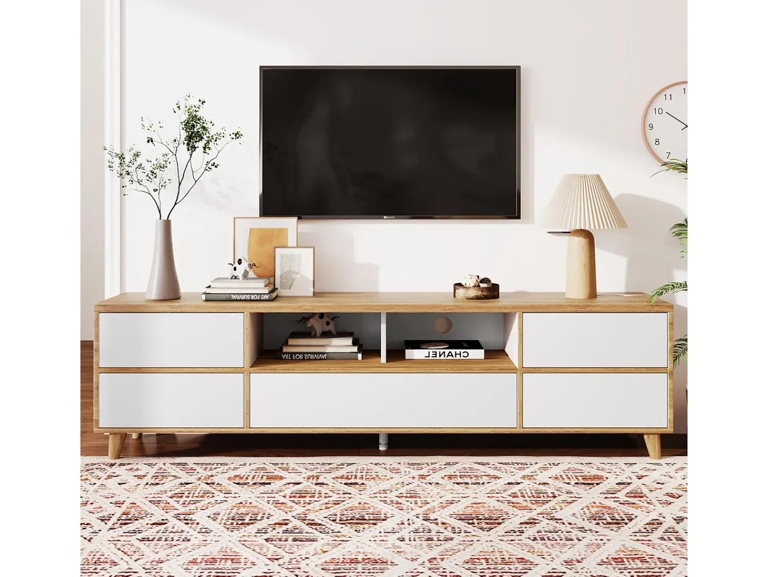 Suporte para TV/mesa de centro com 5 portas e 2 compartimentos abertos para sua sala de estar, 175 x 37 x 51 cm^ Móvel De Tv