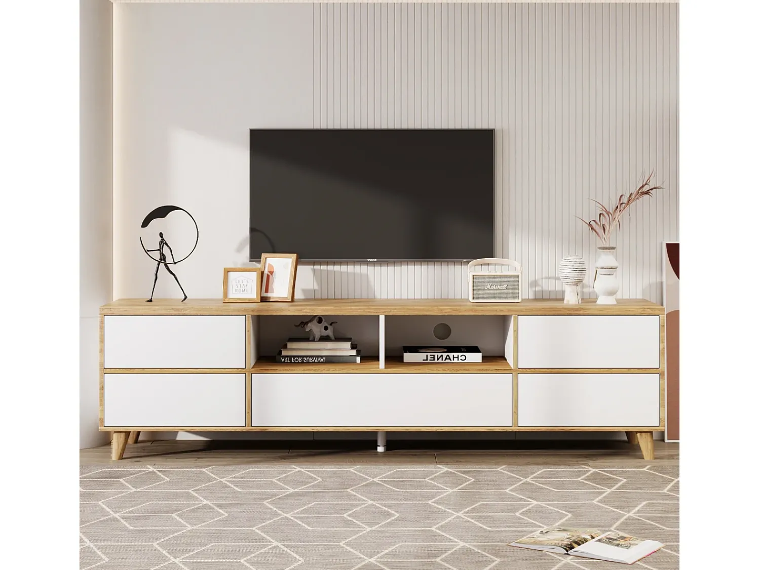 Suporte para TV/mesa de centro com 5 portas e 2 compartimentos abertos para sua sala de estar, 175 x 37 x 51 cm^ Móvel De Tv