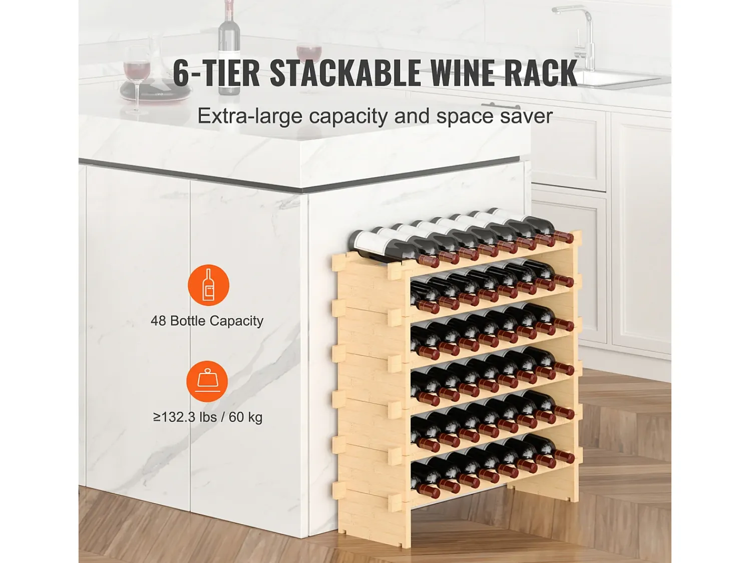 Acessórios De Arrumação|Acessório Vinho E Bar* Suporte para Vinhos Empilhável SucceBuy para 48 Garrafas, Prateleira de Exposição em Madeira de Bambu com 6 Níveis