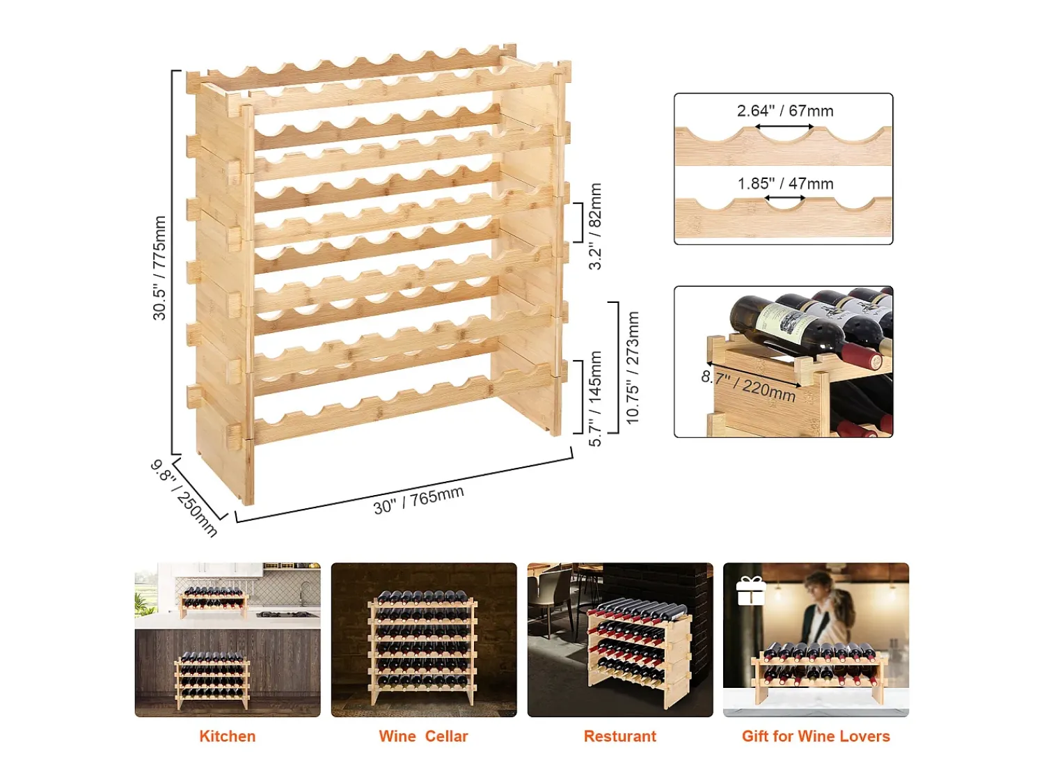 Acessórios De Arrumação|Acessório Vinho E Bar* Suporte para Vinhos Empilhável SucceBuy para 48 Garrafas, Prateleira de Exposição em Madeira de Bambu com 6 Níveis